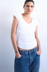 トップショップ レディース トップス シャツ Vネック Topshop Rib VNeck TShirt WHITE ホワイトのサムネイル