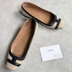 HERMES エルメス フラットシューズパンプス Hロゴ ベージュ ブラック 37 1/2 キャンバス レザー 24.5cm レディースシューズのサムネイル