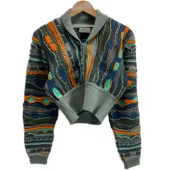 【中古】　COOGI　セーター　ニット　トップス　ウール　3D　立体　ショールカラー　ハーフボタン　クロップド丈　総柄　マルチカラー　オーストラリア製　古着　/1930のサムネイル