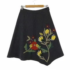 ロイスクレヨン Lois CRAYON スカート フレアスカート アシンメトリー イレヘム 花柄 パイル 刺繍 ウール M チャコールグレー 近年モデルのサムネイル