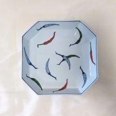 未使用]有田焼 源右衛門窯 染付魚花文 染錦柘榴絵 計4枚セット 角皿