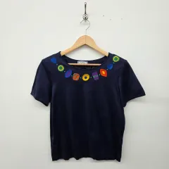 イヴ・サンローラン ネイビー 刺繍 半袖 Tシャツ レディース Mサイズのサムネイル