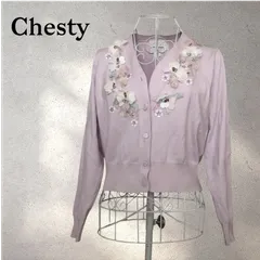 Chesty チェスティ フラワーモチーフ ビジュー カーディガン ピンク Fのサムネイル