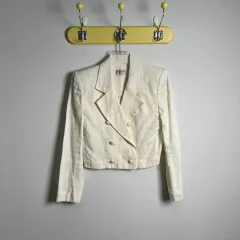 80's YVES SAINT LAURENT イヴ・サンローラン リネン ダブル クロップド ブレーザー ジャケット Mのサムネイル