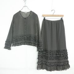【美品】カネコイサオ★ドットpt♪上下セット シフォンブラウス&スカート サイズM 黒系 前開き z22399
