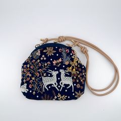 鹿革 ディアスキン ショルダーバッグ ハンドメイド ネイビー真鍮金具