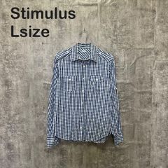 [Y-1048]Stimulus L 사이즈 깅엄 체크 긴 소매 셔츠 블루 화이트 코튼 워크 셔츠 캐주얼