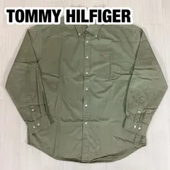 TOMMY HILFIGER トミーヒルフィガー 刺繍ロゴ ボタンダウン 長袖シャツ BDシャツ サイズXL オリーブ カーキ 胸ポケット 着丈81.5cm 肩幅54cm 身幅(脇下)62cm 袖丈62.5cm【古着】のサムネイル