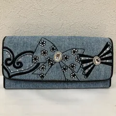 6446　Think Bee!　シンクビー！　長財布　 ウォレット　リボンズ　リボン　ハート　 ラインストーン　クリスタル　デニム　刺繍　 ブルー×ブラック系　青　黒　カード入れ　 小銭入れ　お札入れ　レディースのサムネイル