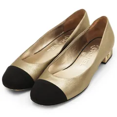 【SALE】CHANEL シャネル パンプス G31263 サイズ 35 レディース COCOマーク メタルロゴ キャップトゥ バイカラー レザー シューズ 靴 ゴールド ブラック 黒 金色 イタリア製のサムネイル