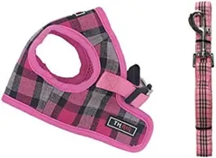 THAINハーネス・リード1.5-3kgs 超小型犬 ハーネス リードセット チェック 胴輪 メッシュ 犬 ハーネス 人気 格子縞 ハーネス 猫 ドッグハーネス(S ピンク)のサムネイル