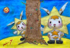 高野マナブ 原画｜[木と太陽と月と星ウサギの親子] Drawing A4 アクリル 一点物 高野学 Manabu Takano 髙野學 Moon Sun Rabbit 月と太陽とウサギ Louvre Uffizi Japan 台湾 現代美術家