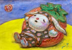 高野マナブ 原画｜[イチゴクッションと水玉パジャマ] Drawing A4 アクリル 一点物 高野学 Manabu Takano 髙野學 Moon Sun Rabbit 月と太陽とウサギ Louvre Uffizi Japan 台湾 現代美術家