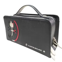 【美品】CASTELBAJAC カステルバジャック カルネ Wファスナーセカンドバッグ 032212 ブラック レザー 牛革 エンボス加工 2層式 日本製 トリコロールカラー 王冠 メタルパーツ シルバー王冠プレートのサムネイル