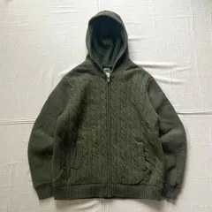 90～00s　Old L.L.Bean　エルエルビーン　フルジップアップジャケット　フード付きパーカー　肉厚ケーブルニット生地　裏ボア　オリーブグリーン　ワントーンカラー　ロゴ刻印入りジッパー　L　C-BOY　アメカジ　cable knit zip parkaのサムネイル