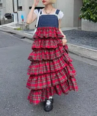 新品未使用 Wcloset ダブルクローゼット フリルティアードジャンパースカート/ワンピース ロング丈 ギンガムチェック（レッド） Fサイズ WCZ1061109A0002 管理番号：2079A-2338のサムネイル