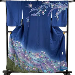 訪問着 身丈159cm 裄丈66cm M 袷 落款 辻が花柄 金彩 染め分け 青 正絹 名品 【中古】のサムネイル