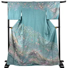 【美品】 訪問着 身丈168.5cm 裄丈65.5cm M 袷 辻が花柄 金銀彩 絞り 青緑 正絹 名品 【中古】のサムネイル