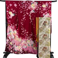 【美品】 振袖 身丈159cm 裄丈66cm M 袷 袋帯フルセット 薔薇 リボン 箔 刺繍 えんじ色 正絹 秀品 【中古】のサムネイル