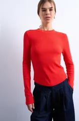 トップショップ レディース トップス シャツ Topshop Long Sleeve Curve Hem Top RED レッドのサムネイル
