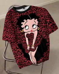 Betty Boop　ベティちゃん　Tシャツ　ヒョウ柄　レッド　レオパード柄　アニマル柄　ベティブープ　練習着　ダンスレッスン着　ルームウェア　部屋着　ジム着　パジャマ　カジュアル　可愛い　アメコミ　キャラクター　レトロ　ギフト　プレゼント　海外製品のサムネイル