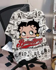 Betty Boop　ベティちゃん　Tシャツ　コミック柄　総柄　ベティブープ　半袖　練習着　ダンスレッスン着　ルームウェア　部屋着　ジム着　パジャマ　カジュアル　可愛い　アメコミ　キャラクター　カトゥーンプリント　レトロ　ギフト　プレゼント　海外製品のサムネイル