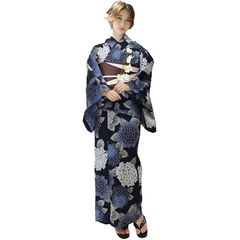[Aletta domani] Women's Yukata, Unique Weave, Two-Piece Separate Yukata, Reversible Obi, 3-Way Style, High-Quality 2-Piece Set (Yukata, Half-Width Obi Reversible), Women's Classic Pattern, Fireworks Festival, M Size, Navy Blue with Hydrangea (Navy) 0