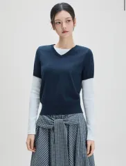 MIXXO ミッソ Vネック 半袖 ニット ネイビーのサムネイル