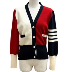 極美品★THOM BROWNE トムブラウン FKC207F ファンミックス クレープ 4-BAR カーディガン ウール100％ Vネック マルチ 42 伊製 正規品のサムネイル