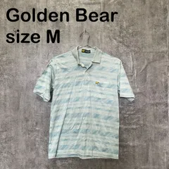 【T-1893】Golden Bear ゴールデンベア M 半袖ポロシャツ ボーダー 総柄 ライトブルー 水色 ワンポイント 刺繍 古着のサムネイル