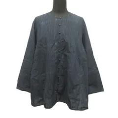 良品 JURGEN LEHL ヨーガンレール ワイド ノーカラー シャツ ブラウス カットソー ストライプ L ネイビー レディース 古着 中古 USEDのサムネイル