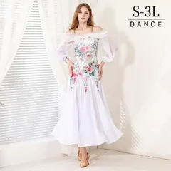 社交ダンスドレス モダンドレス 白 ホワイト 社交ダンス衣装 社交ダンス ドレス 衣装 長袖 大きい裾 スタンダードドレス ワルツダンス ステージ衣装のサムネイル