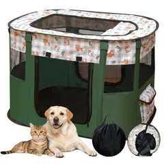 ペットサークル 折りたたみ 長方形 室内 猫 犬 ケージ 90 cm X 70 cm X 58 cm 屋根付き 折り畳み 哺乳期 ペット分娩室 大空 軽量 使用便利 防水性 300Dオックスフォード布 組立簡単 収納袋付き (グリーン, Ｌ) 0のサムネイル