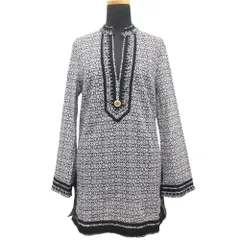 美品 Tory Burch トリーバーチ コットン スキッパーシャツ カットソー 長袖 ロゴ ゴールド金具 サイズ6 黒 ブラック 白 ホワイト 紫 レディース 古着 中古 USEDのサムネイル