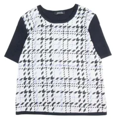 良品 MADAM JOCONDE マダムジョコンダ 総柄×無地 カットソー シャツ プルオーバー 異素材 切替デザイン 半袖 38 紺 ネイビー レディース 古着 中古 USEDのサムネイル