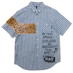 美品 MACKDADDY マックダディー レオパード柄 パッチワーク ボタンダウンシャツ 半袖 ストライプ カットソー トップス L ネイビー メンズ 古着 中古 USEDのサムネイル
