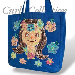 【MY1020】Curly Collection カーリーコレクション ハンドバッグ キャンバス 手提げ 鞄 スパンコール 装飾 ブルー レディースのサムネイル