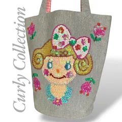 【MY1023】Curly Collection カーリーコレクション ハンドバッグ トートバッグ キャンバス グレー スパンコール装飾 女の子のサムネイル