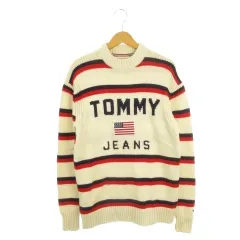 トミー TOMMY JEANS ニット セーター ウール S アイボリー 長袖 ボーダー柄 ロゴデザイン /AH3 ■GY99のサムネイル