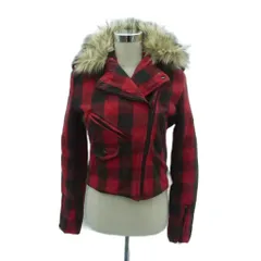 ラルフローレン RALPH LAUREN ライダースジャケット チェック柄 フェイクファー付き ミドル丈 L 赤 レッド 黒 ブラック /HO15 ■GY61のサムネイル