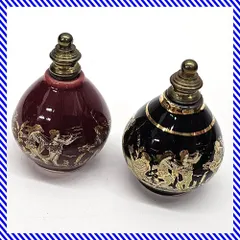 レトロ ギリシャ製 陶器製 ミニ香水瓶 アトマイザー パフュームボトル 2点セット 金彩 花柄 神話柄 ボルドー ブラック 高さ約5.5cmのサムネイル