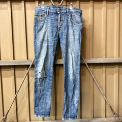 DSQUARED2 ディースクエアード デニムパンツ ブルー フロントボタンフライ テーパードシルエット バックイエローレザー調パッチ クラッシュリペア加工のサムネイル