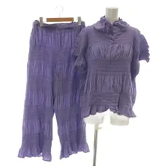 ミーイッセイミヤケ me ISSEY MIYAKE SHRINK STRIPE TOP PANTS セットアップ 上下 シャツ ブラウス 半袖 プリーツパンツ イージー シャーリング F 紫 パープル /XZ ■GY19のサムネイル