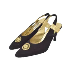 ジャンニヴェルサーチ ヴェルサーチェ GIANNI VERSACE パンプス ハイヒール バックストラップ ロゴ刺繍 スエード スウェード 36 1/2 黒 ブラック 金色 ゴールドのサムネイル