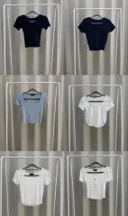 クロップド 半袖 ニット Tシャツ トップス ショートトップス スクエアネック Uネック Uネック ケーブル編み ボタン 白 ネイビー ブラック ライトブルーのサムネイル