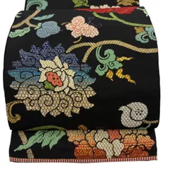袋帯 逸品 龍村平蔵 落款 関西仕立て 上代紗唐草 箔 黒 お太鼓柄 正絹 【中古】のサムネイル