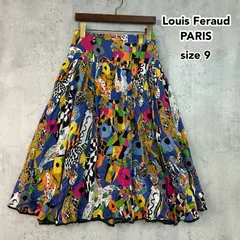 Louis Feraud PARIS ルイフェロー パリ 9 ブルー 総柄 スカート フレア Aライン ギャザー パッチワーク風 幾何学 抽象柄 アート マルチカラー 個性的 派手 鮮やか レトロ ヴィンテージ オールド フランス エレガント ★ ■◇ ■◆のサムネイル