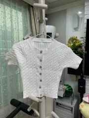 白 ケーブル編み ニット 半袖Tのサムネイル