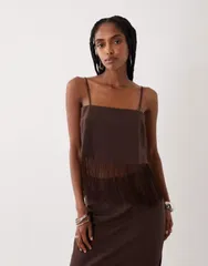 エイソス レディース トップス シャツ リネン フリンジ ASOS DESIGN linen blend fringe cami top set in chocolate チョコレートのサムネイル