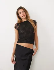 エイソス レディース トップス シャツ シアー キャップ レース ASOS DESIGN sheer lace cap sleeve top Black ブラックのサムネイル